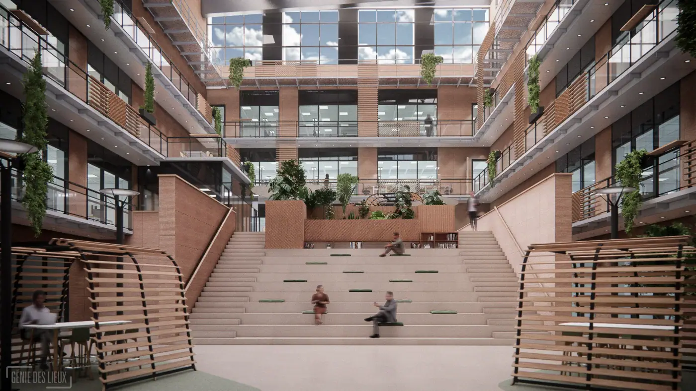 Atrium collaboratif : visualisation 3D d'un espace de travail contemporain, Panache Studio
