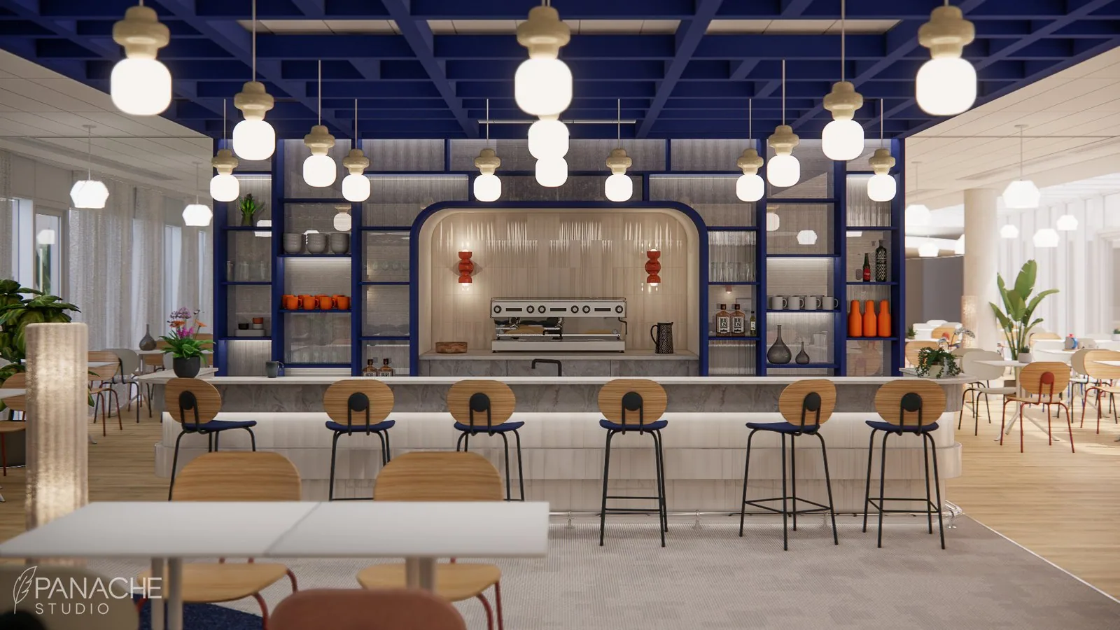 Brasserie : aménagement intérieur d'un espace de restauration, rendu 3D Panache Studio