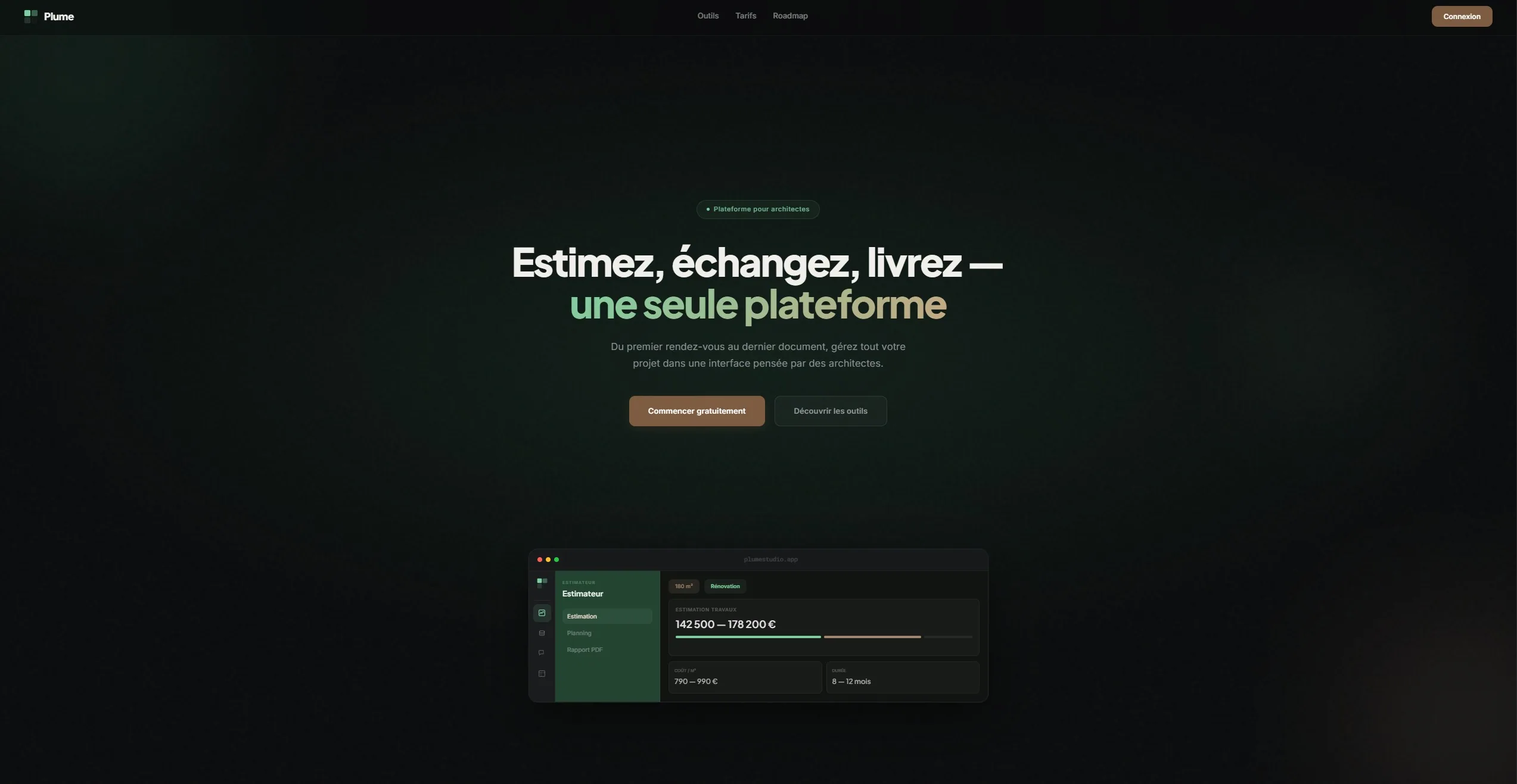 Aperçu de l'interface Plume, plateforme de gestion de projet pour architectes